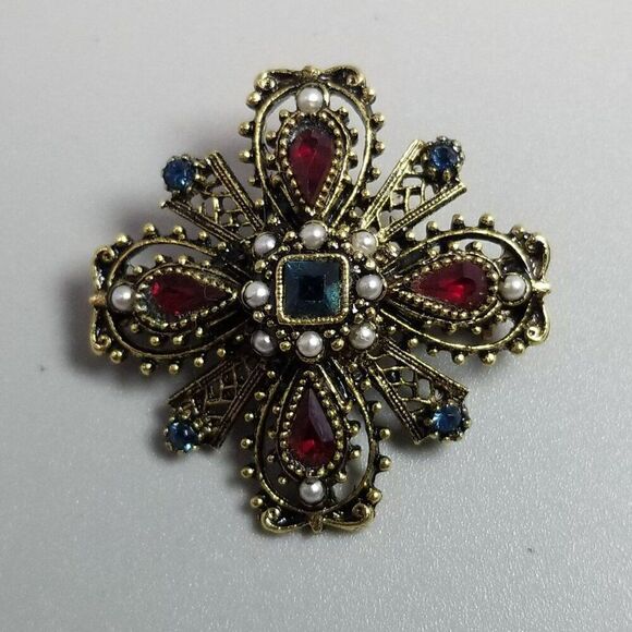 Vintage ART Gold Tone Heraldic Maltese Cross Rhinestone Brooch, Red White Blue - Picture 7 of 7
